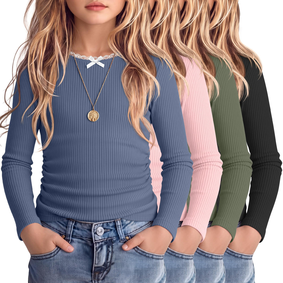 4 Pack Toddler Girl Long Sleeve Shirts Crewneck Top 4Color