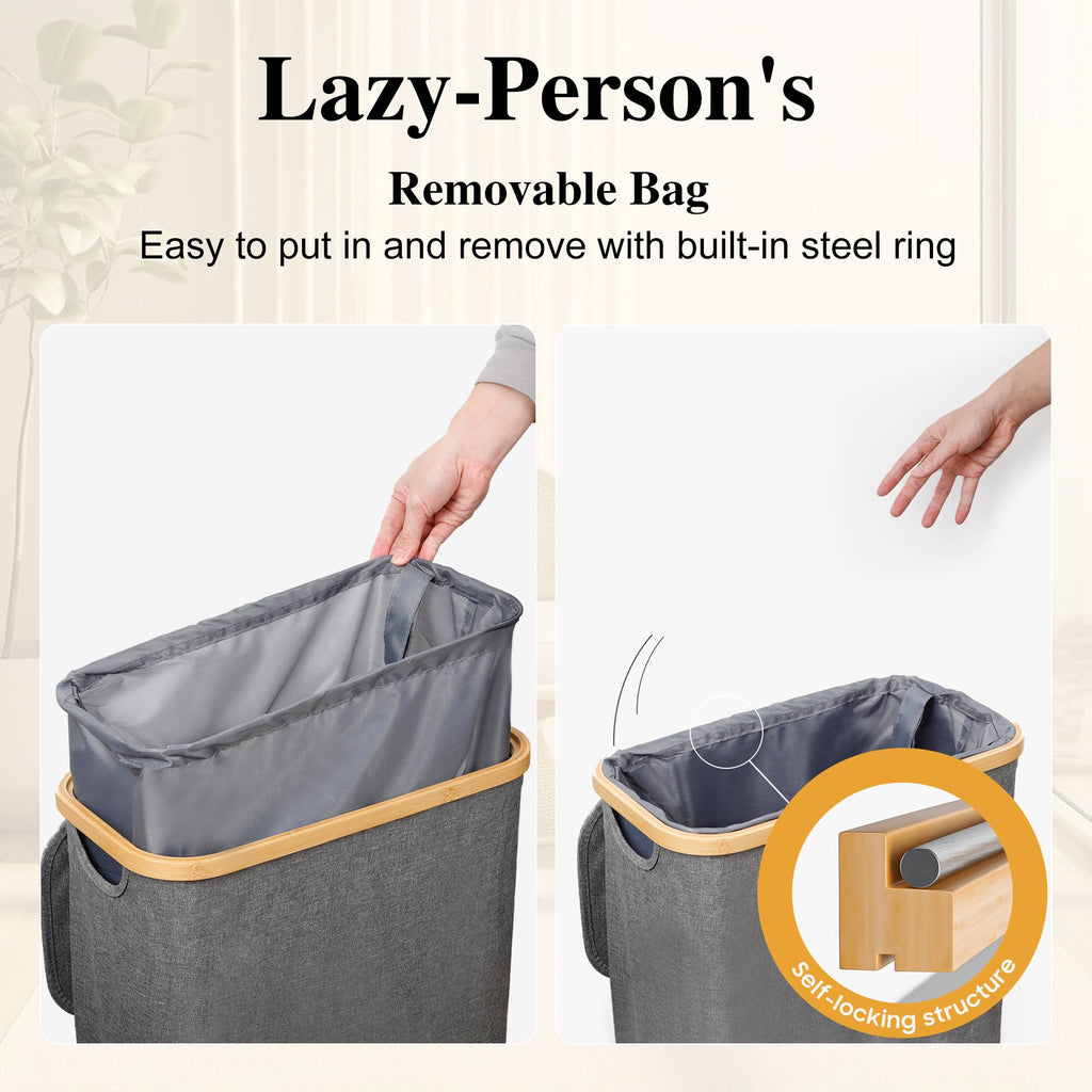 Slim Laundry Hamper, 60L Waterproof Narrow Laundry Basket with Lid and Removable Bag, Collapsible Tall Clothes Hamper