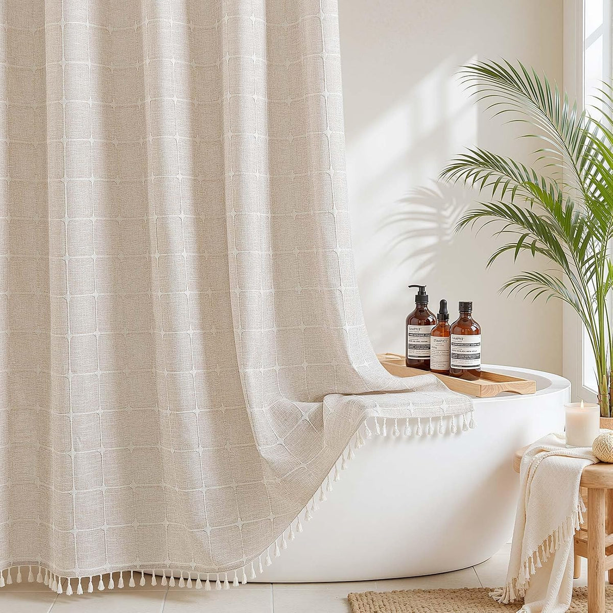 Farmhouse Linen Textured Shower Curtain with Snap-in Liner Set, No Hooks Needed, with Tassels for Rustic Bathroom