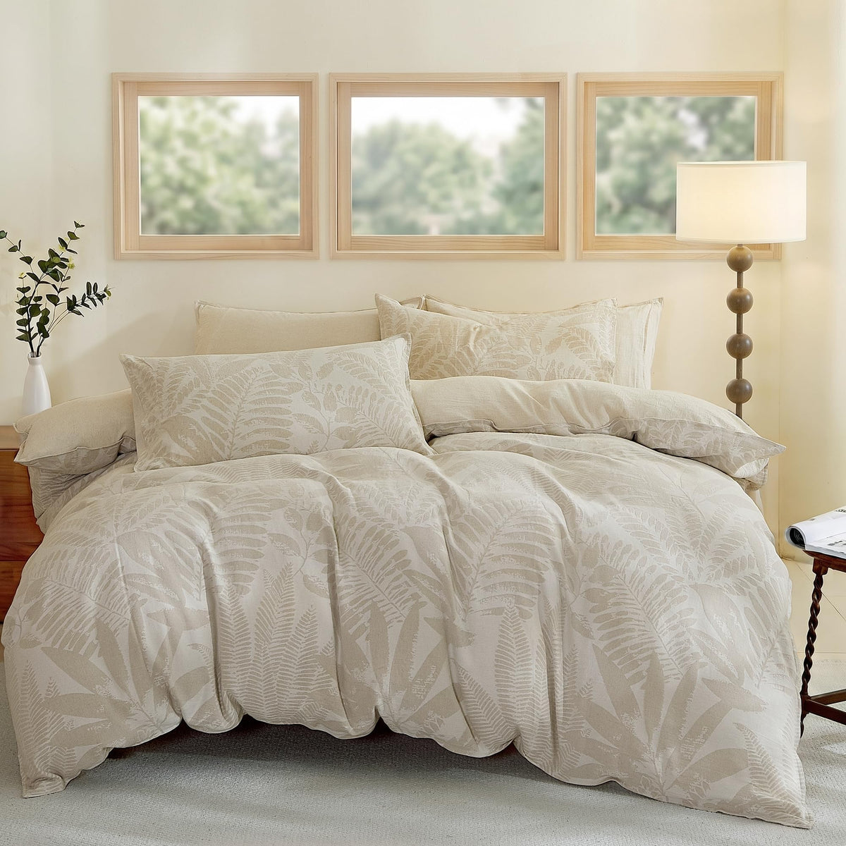 Linen Cotton Blend Duvet Cover Set, Palm Leaf