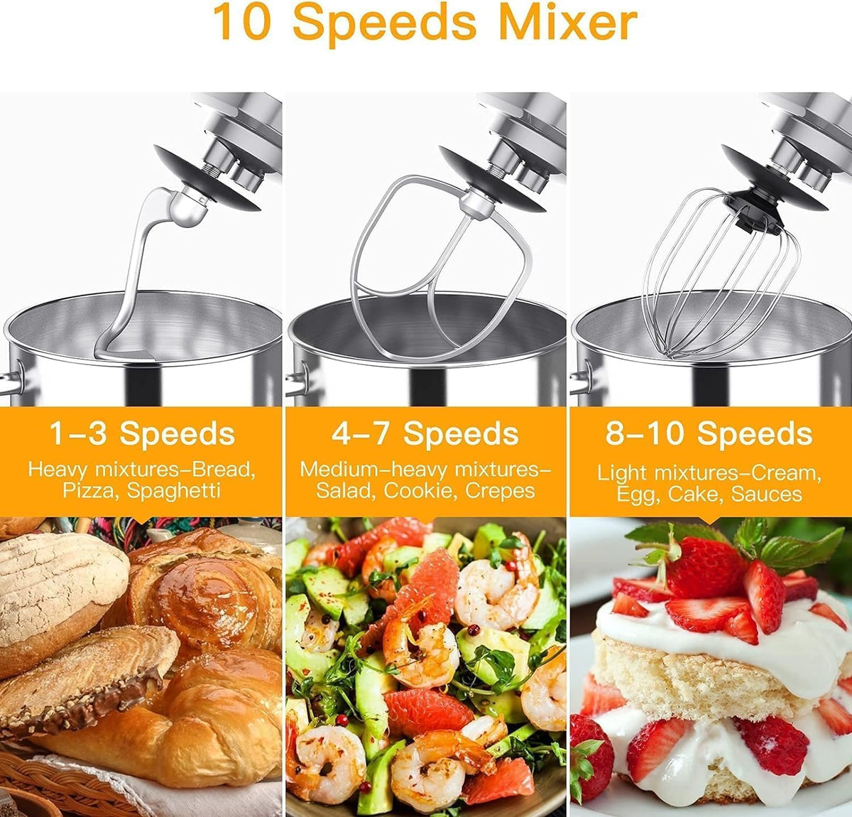 7.5QT Stand Mixer, 10-Speed Tilt-Head Electric Food Mixer with Stainless Steel Bowl, 660W Motor, Dough Hook, Whisk &