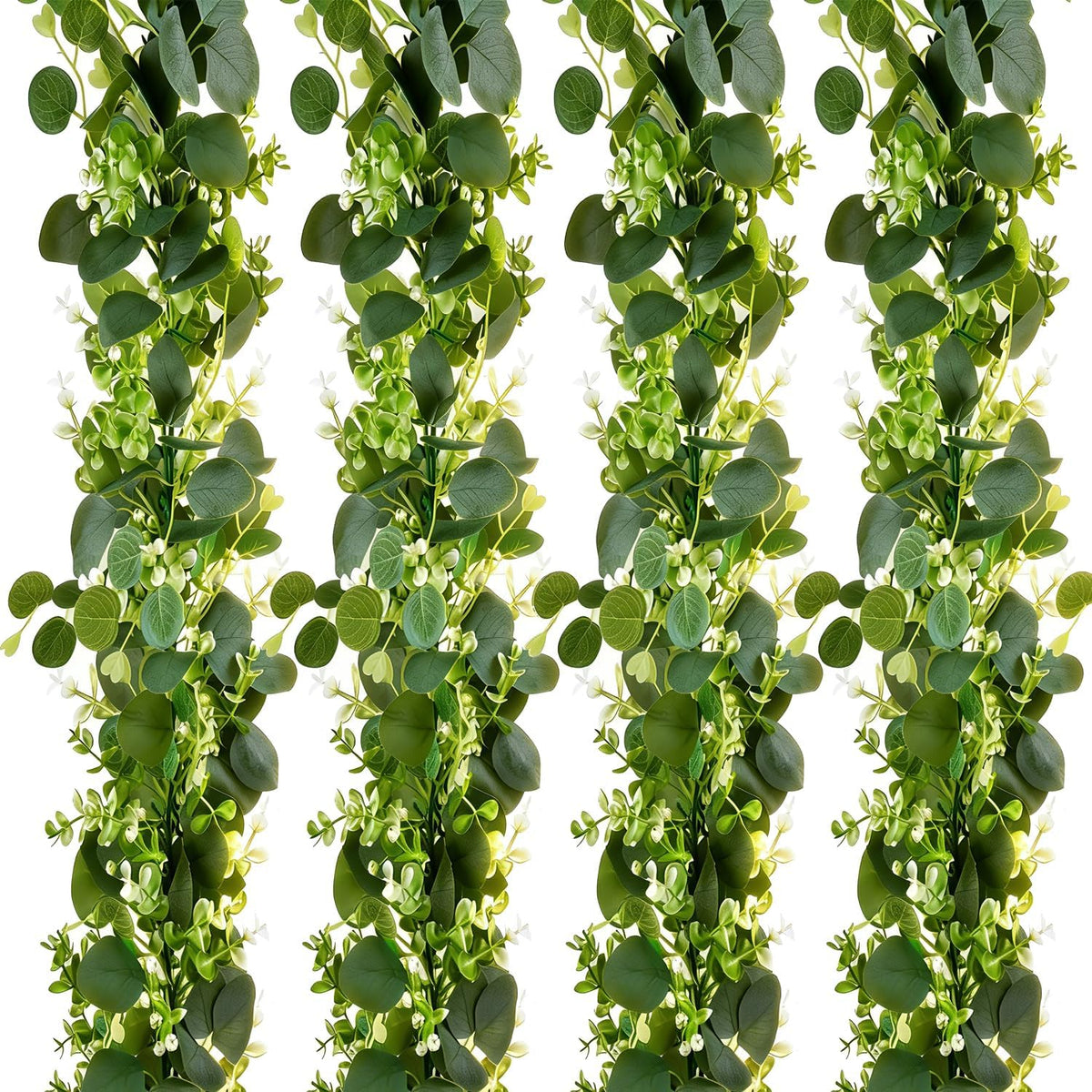 Eucalyptus Garland with White Flowers 4Pack: 5.9Ft Artificial Faux Greenery Vines for Table Runner Wedding Bedroom - Set of 236