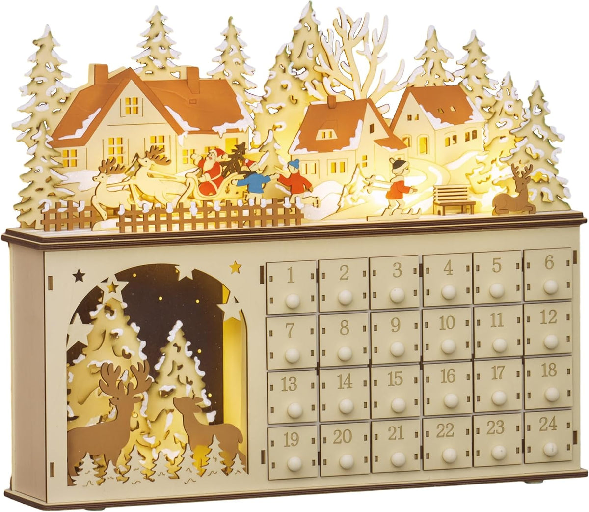 Christmas Advent Calendar Light Up Kids Adults 24 Drawers Natural