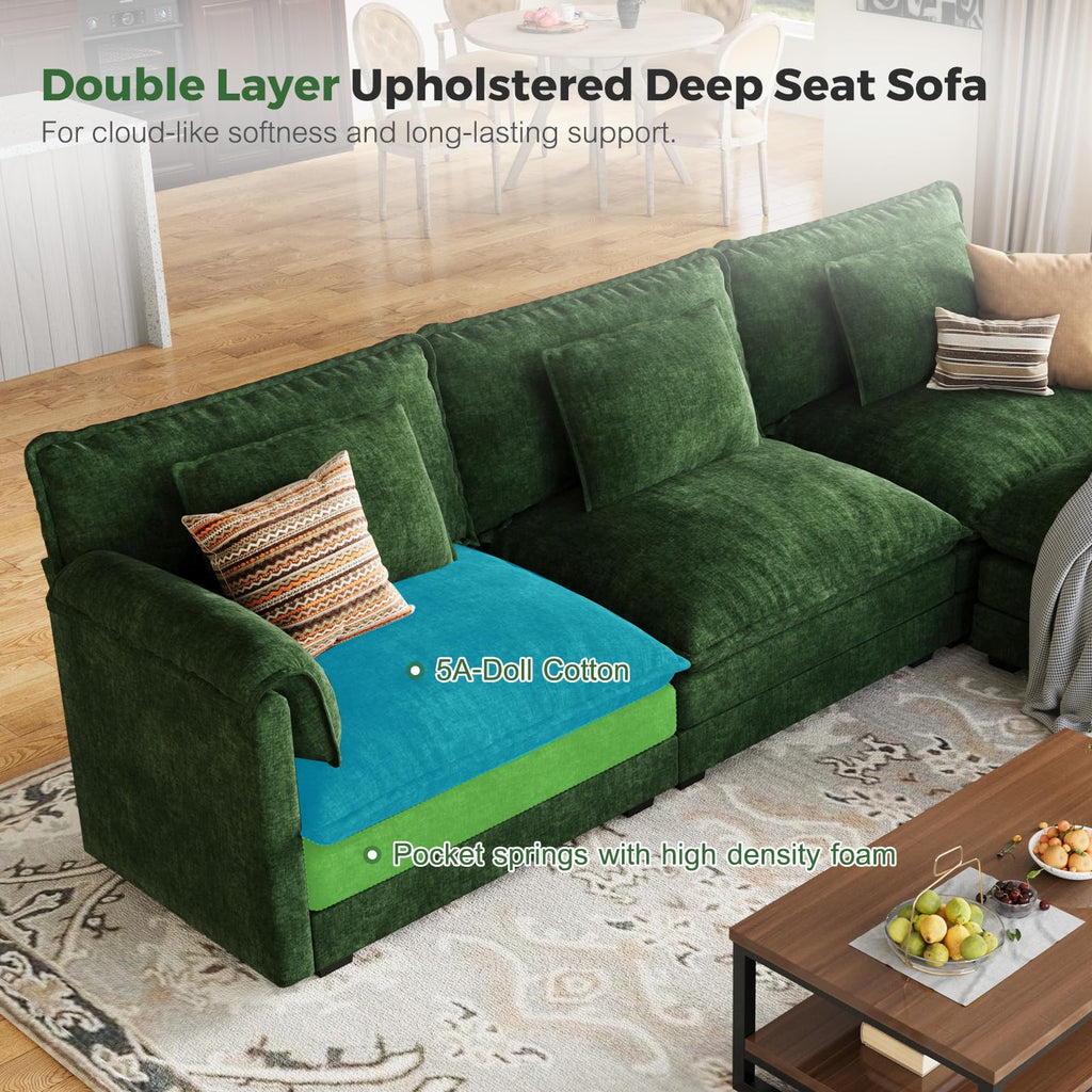 150" Oversized Green Sectional Cloud Couch, Modular Couches, Large 8-Seat Deep Seat Sofa Sleeper Bed, Modern Sofa