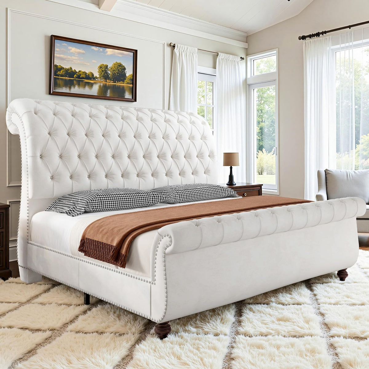Upholstered Bed Frame Sleigh Headboard & Footboard, White