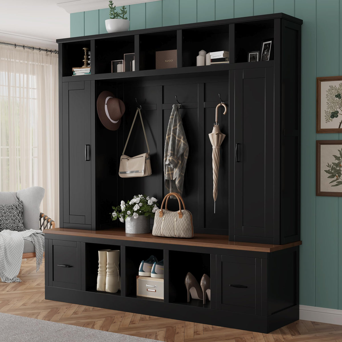 Large Hall Tree with Bench and Shoe Storage, 72" Farmhouse Entryway Bench with 2 Drawers, 5 Hooks & Top Cubbies