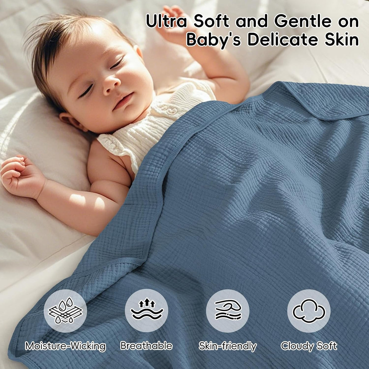 Baby Muslin Blankets 47" X 47", Layer 100% Cotton Muslin Blanket for Summer, Soft Breathable and Lightweight