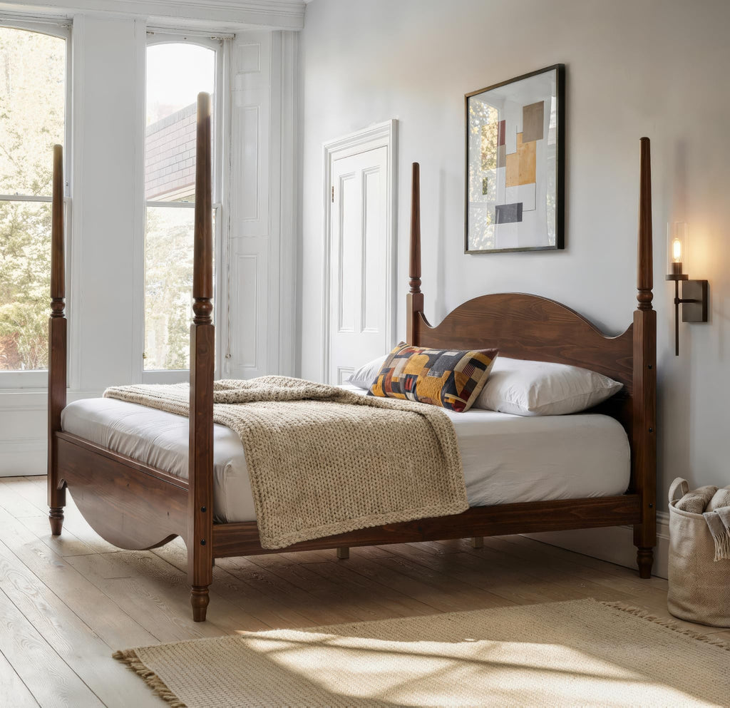 Brixton Solid Pine Wood Four-Poster Bed, Arched Headboard, Walnut