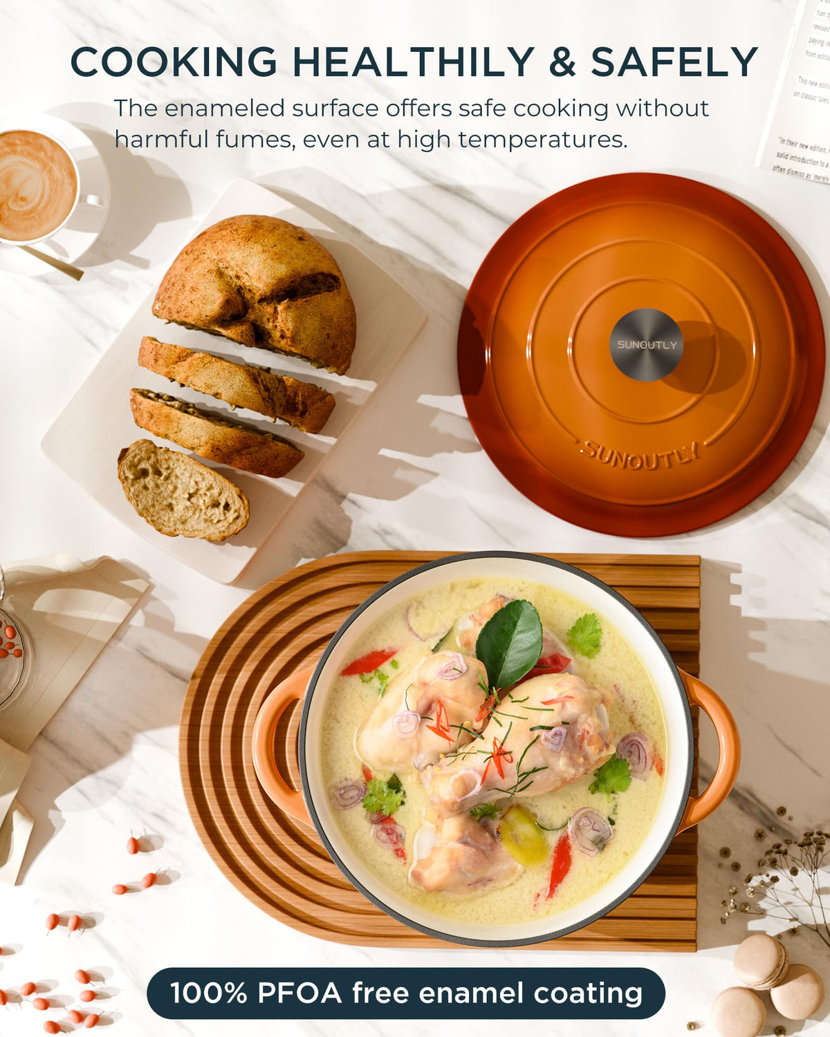 Enameled Cast Iron Dutch Oven, 6QT Pot with Lid, Vibrant Orange
