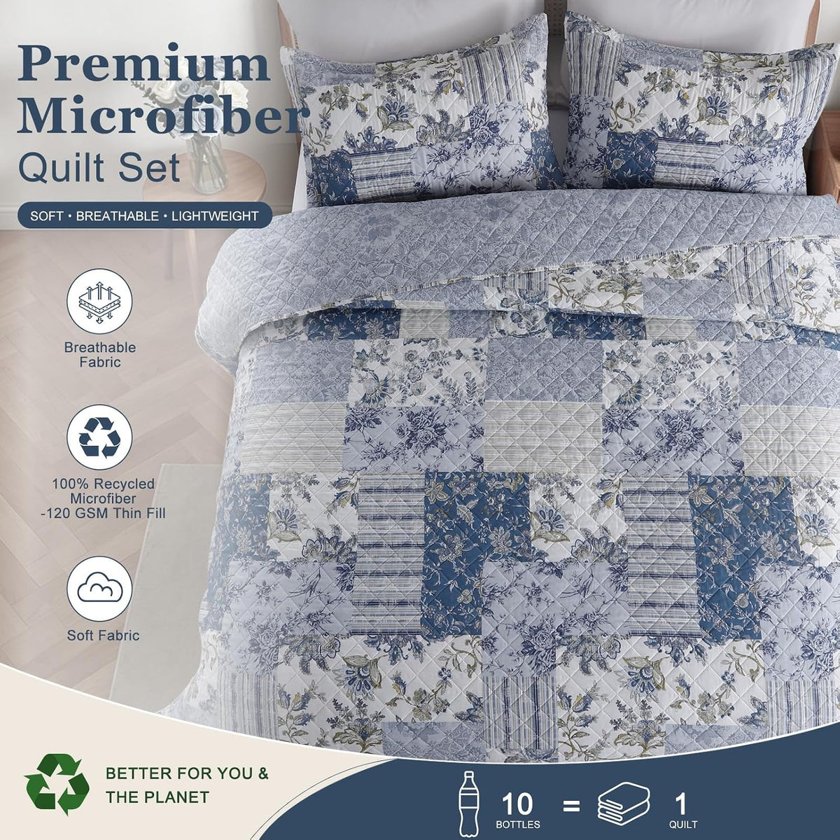 XL King Quilt Set, Blue and White Floral, Reversible, 106" × 96"