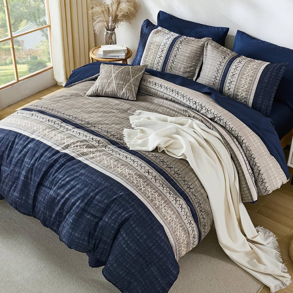 Blue King Comforter Size Set, 8 Pieces Boho Grey Striped Texture Bed in a Bag Sets, Lightweight Soft Bohemian