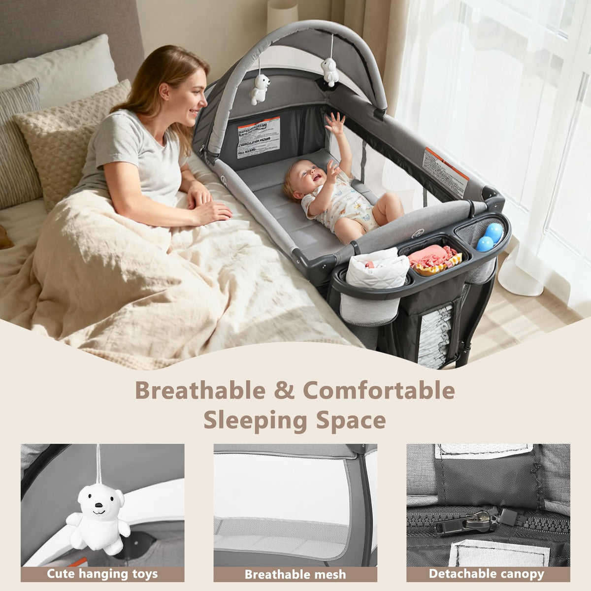 4 in 1 Portable Play Yard, Baby Playard w/Bassinet, Grey