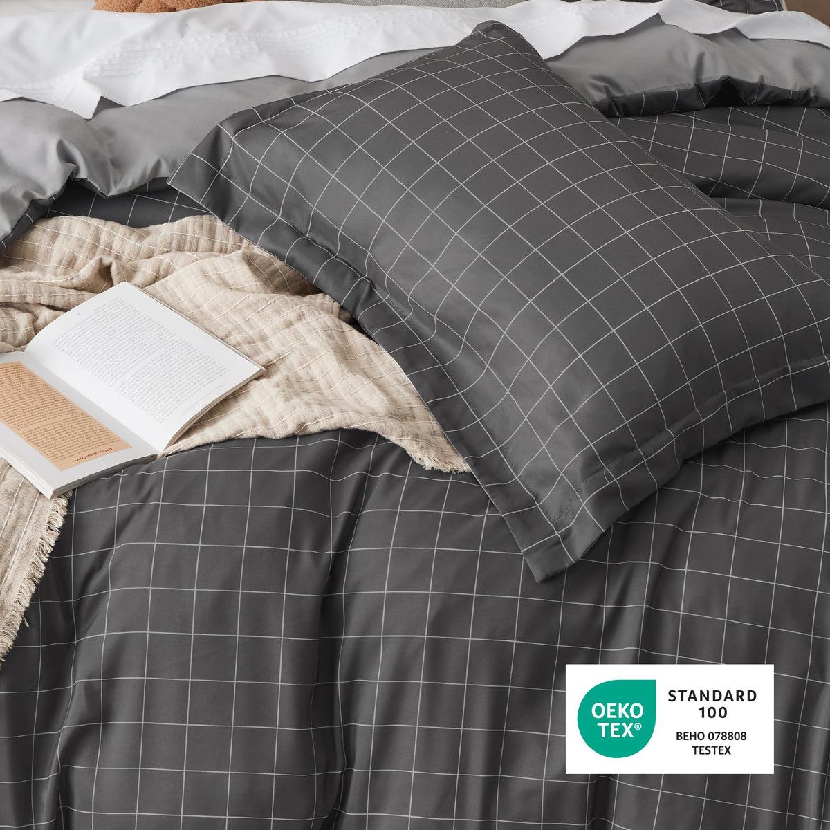 Duvet Cover - Reversible Plaid Duvet Cover Set with Zipper Closure, 2 Pieces Dark Grey Bedding Set with 8