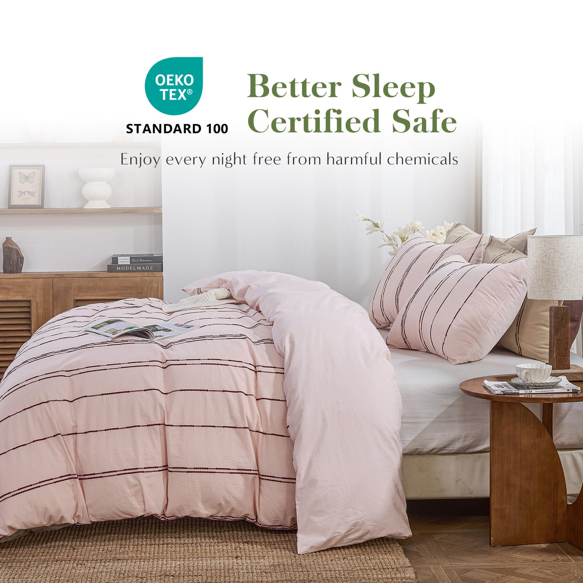 100% Cotton Striped Duvet Cover Set, 3Pcs Boho Linen-Like Textured Comforter Cover with Embroidered