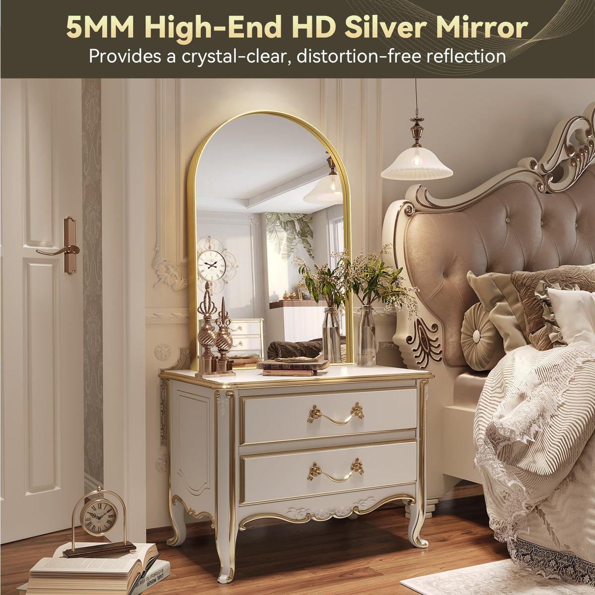 Gold Arched Mirror, 24 x 32 Inch Arch Wall Mirror, Brass Metal Frame Bathroom Mirror, Arched Top Bathroom Vanity