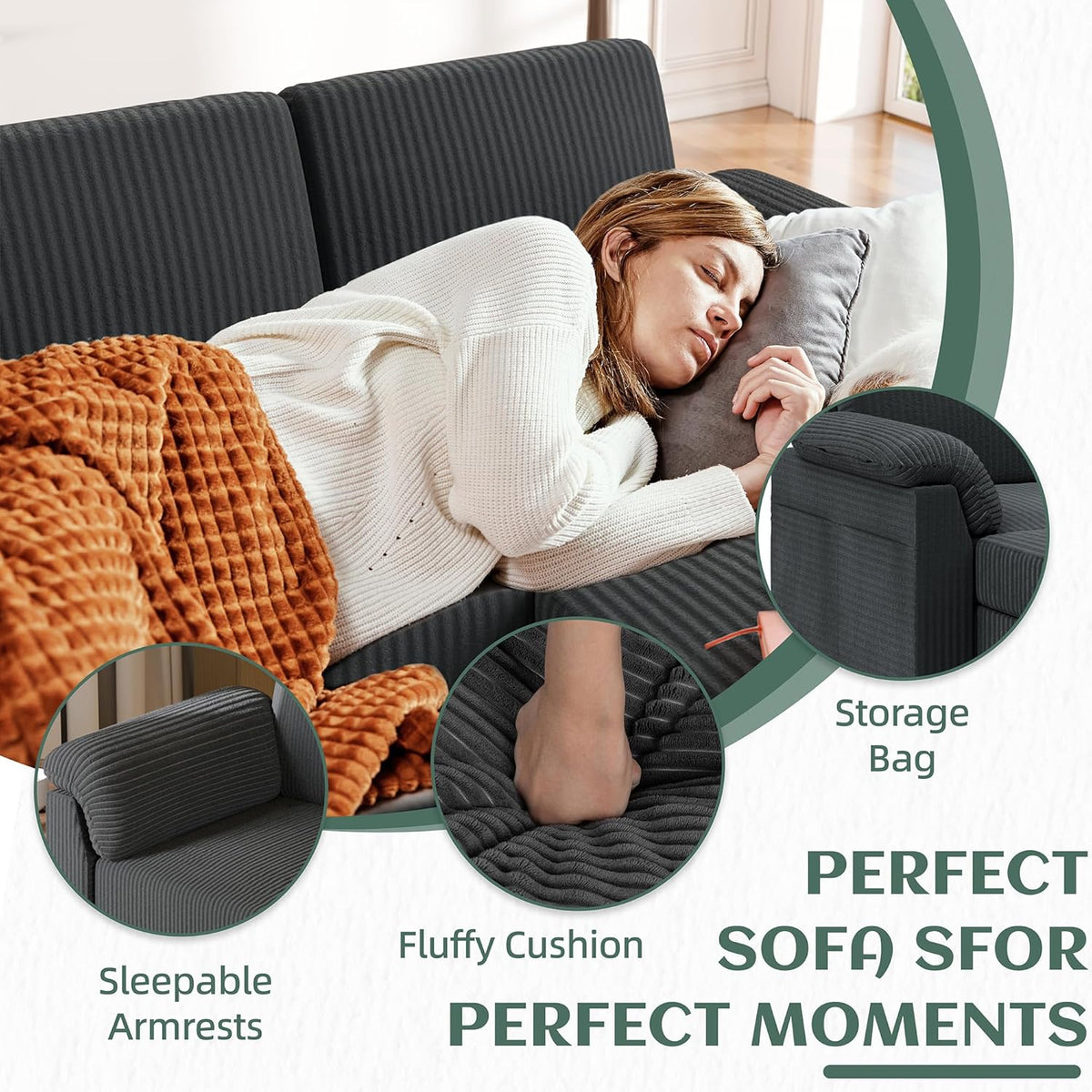 Convertible Sectional Sofa Couch, 3 Seat L Shaped Sofa with Removable Pillows Soft Corduroy Fabric Small Couch Mid