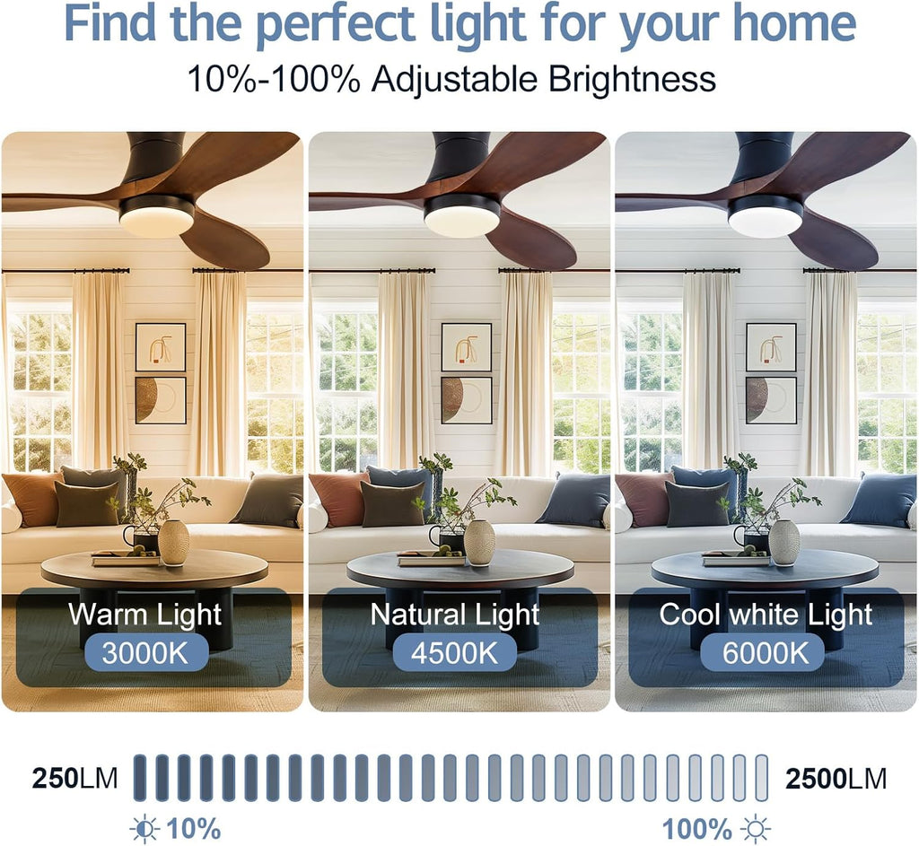 42 Inch Low Profile Smart Ceiling Hugger Fan with LED Light & Remote - Flush Mount, Solid Wood Blades, 6-Speed - Black