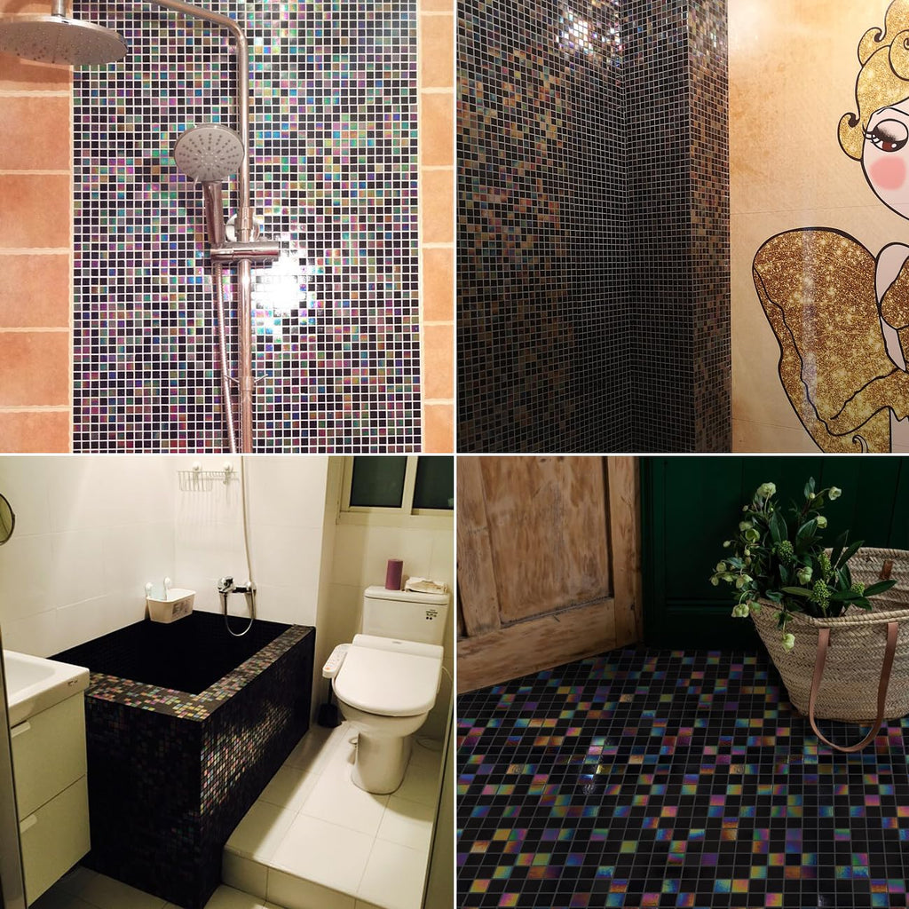 11.5 sq.ft Iridescent Black Glass Mosaic Tile for Bath, Pool, Backsplash