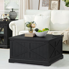 Farmhouse Coffee Table with Large Hidden Storage Compartment, Rustic Black Square Center Table