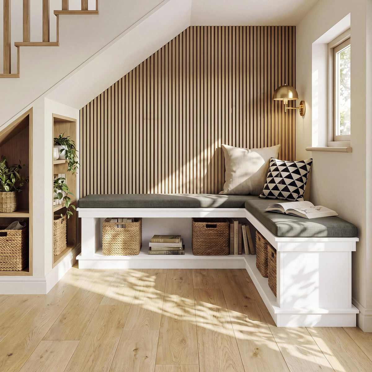 L-Shaped Storage Bench with Cushion, 55" Farmhouse Wooden Corner Entryway Shoe Bench with Open Shelves, L-Shaped