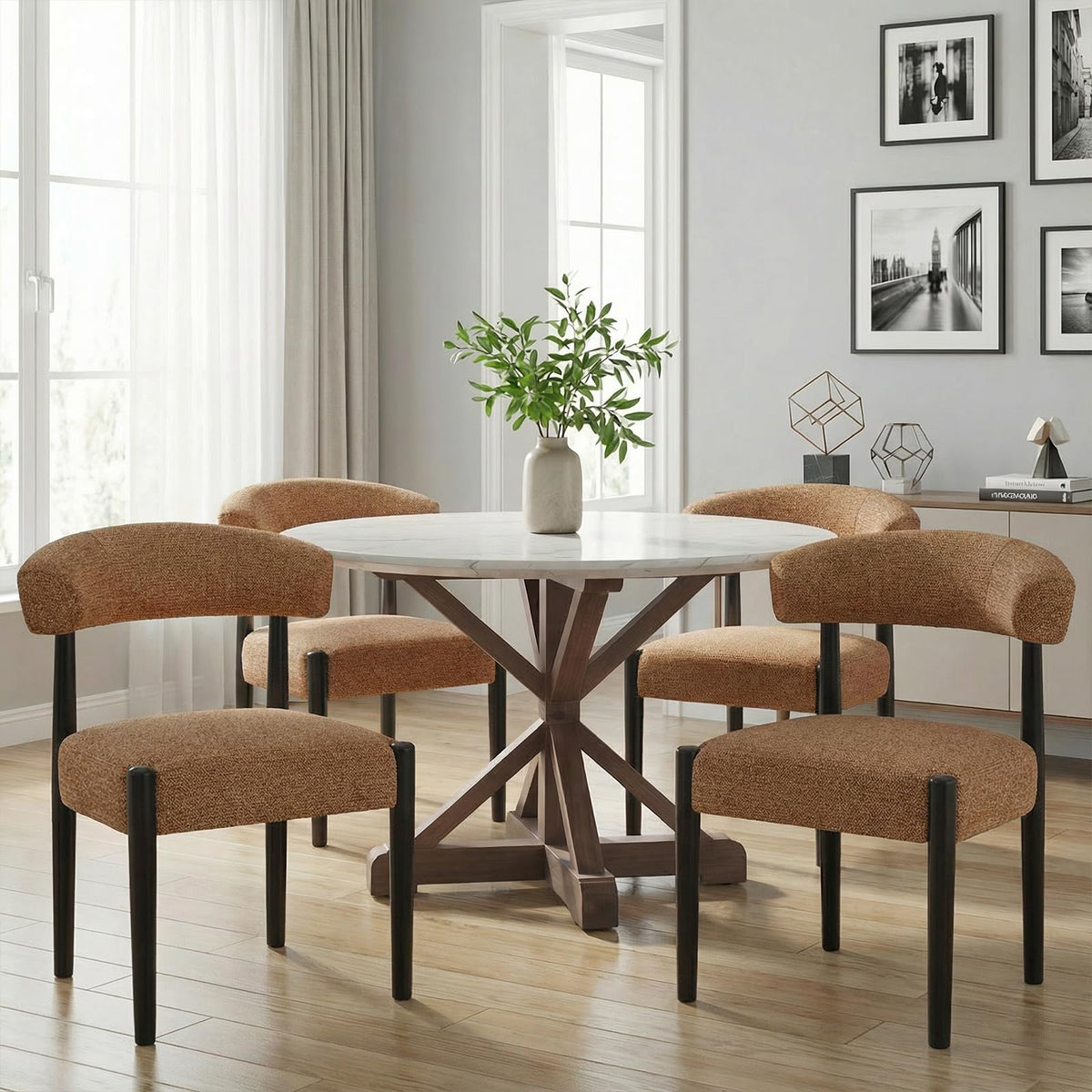 Wooden Dining Chairs Set of 4 with Black Wood Legs, Curved Backrest