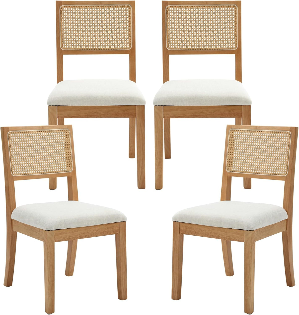 Rattan Dining Chairs Set of 4, Farmhouse Natural Dining Room Chairs with Upholstered Cushion and Solid Wood Frame, Armless Kitchen Chairs