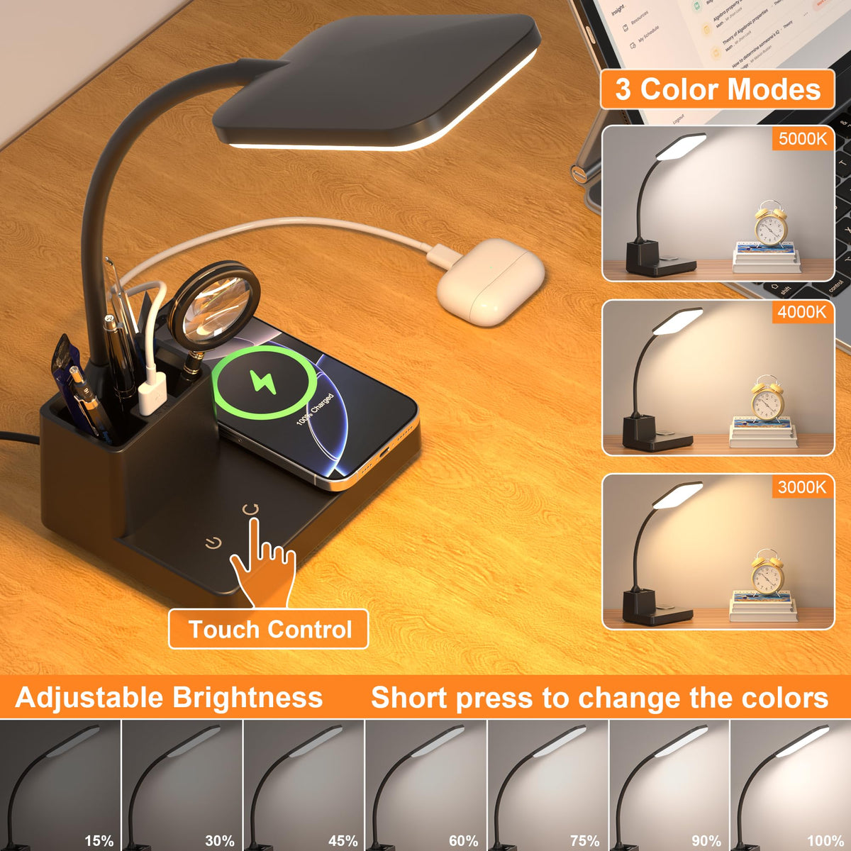 Wireless Charging Desk Lamp USB Charging & Pen Holder, Matte Black