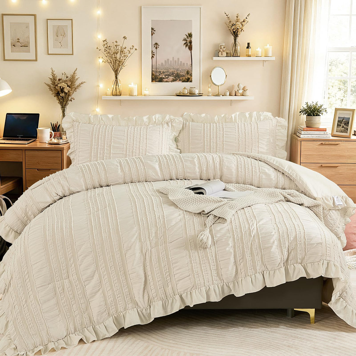 Beige Ruffle Comforter, Boho Shabby Chic Bedding for Bed, Soft Seersucker Farmhouse Bedding Set with 1