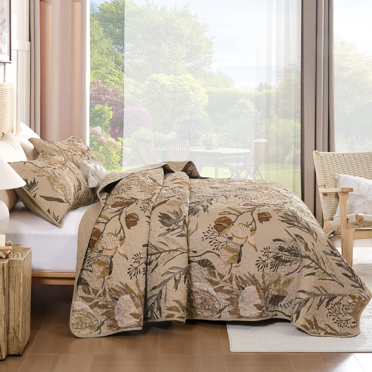 Fall Quilt Queen Size Brown, 3 Pcs Floral Bedspread Bedding Set