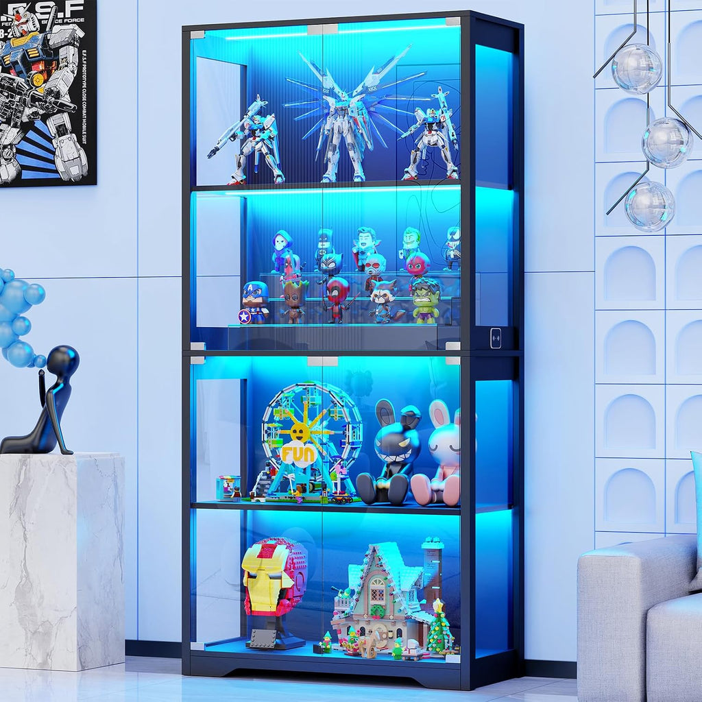 Display Cabinet with Glass Doors, 4-Tier Display Case, Black | Curio Cabinet with 3 Color Lights for Collectibles