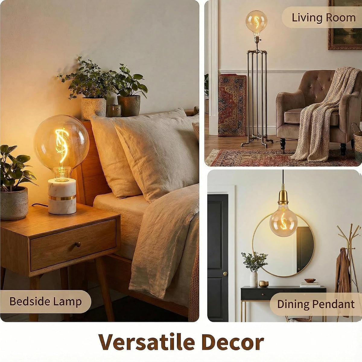 Oversized LED Edison Bulb, Amber 4W 2200K Dimmable E26 Globe 1PK