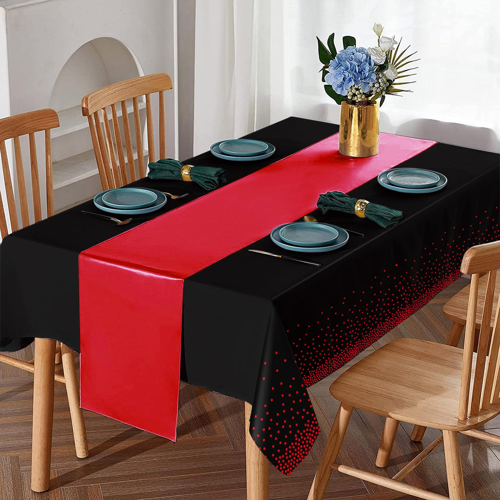 16Pack Disposable Plastic Party Tablecloths and Satin Table Runner Set Black and Red Dot Table Cloth Red Satin Table