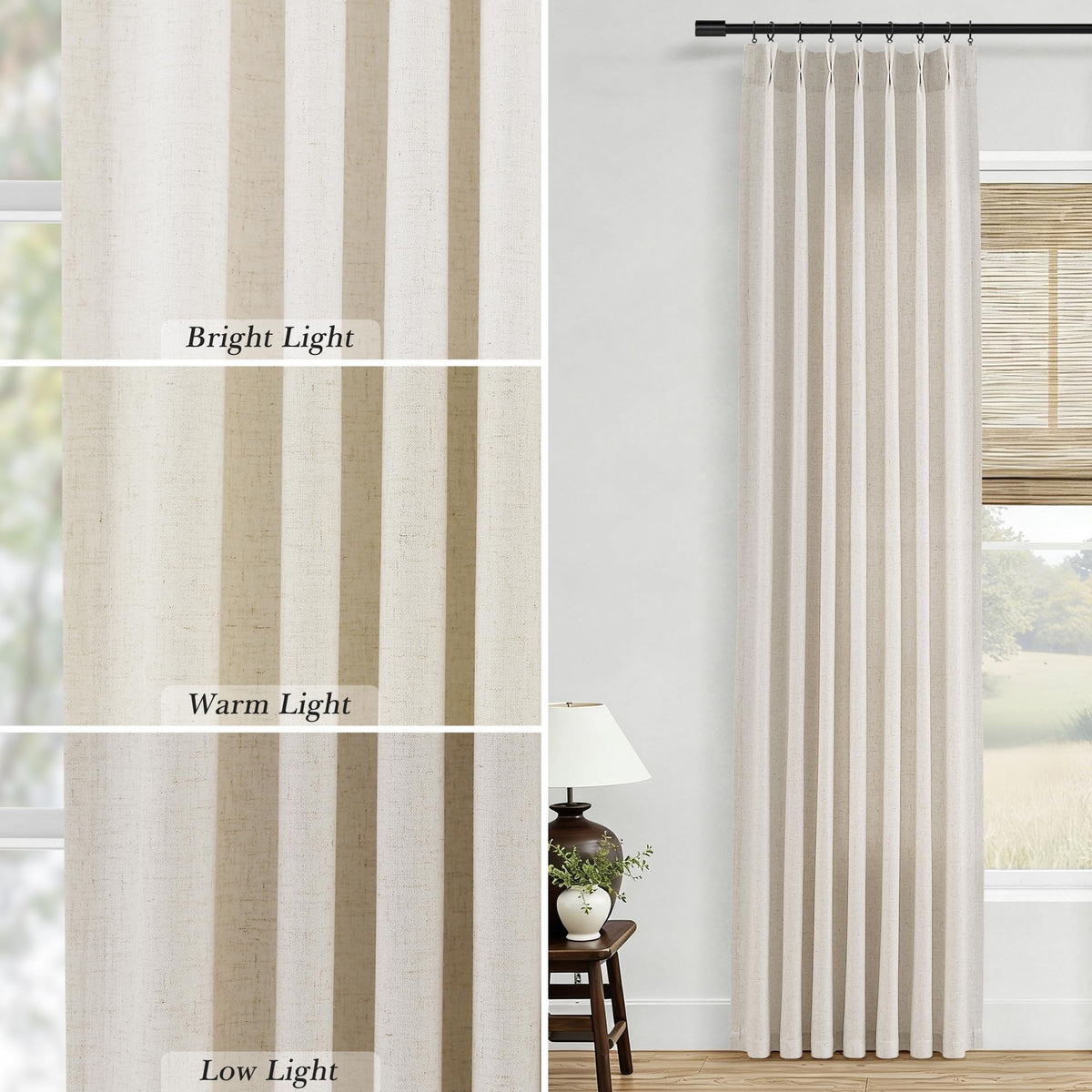 Mousse White Pinch Pleated Linen Curtains 112 Inches Long Bedroom Light Filtering Neutral Farmhouse Curtain 112