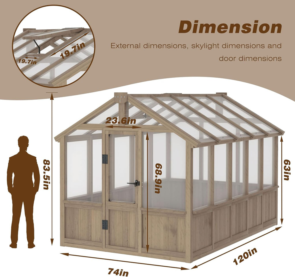 6'x10' Wooden Greenhouse, Heavy Duty Green House Kit with Ventilated Window and Lockable Door, 6mm PC Panels for UV