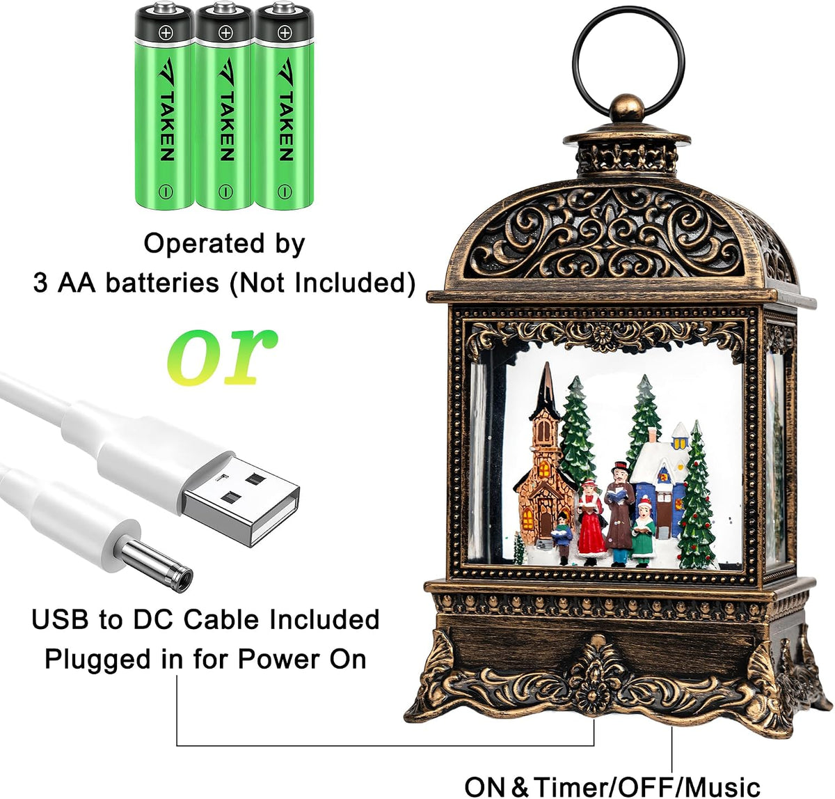 Christmas Village Snow Globe Water Lantern with Church Carolers Scene Battery Operated or USB Powered Musical Lighted