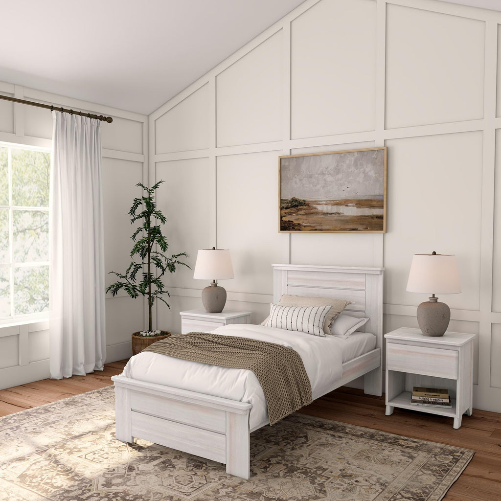 Modern Farmhouse Single Bed, Panel Headboard, White Wash