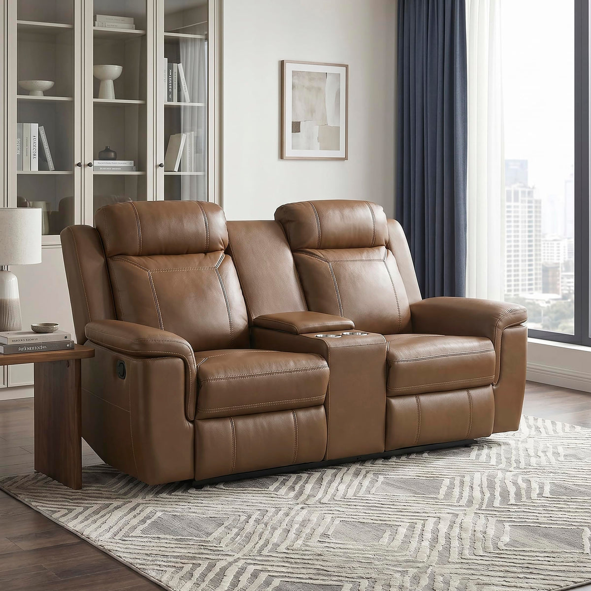 Top Grain Leather Match Manual Double Reclining Loveseat with Storage Console, Wall Hugger, Cup Holders, Power