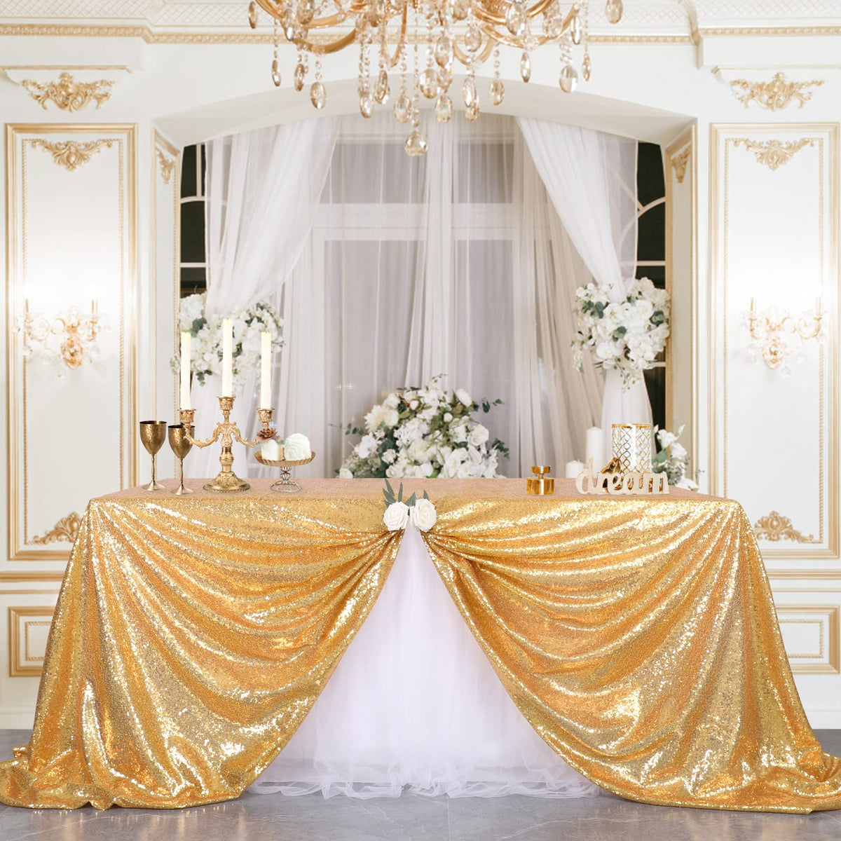Gold Sequin Tablecloth Seamless 90x132inch Rectangle Sequence Table