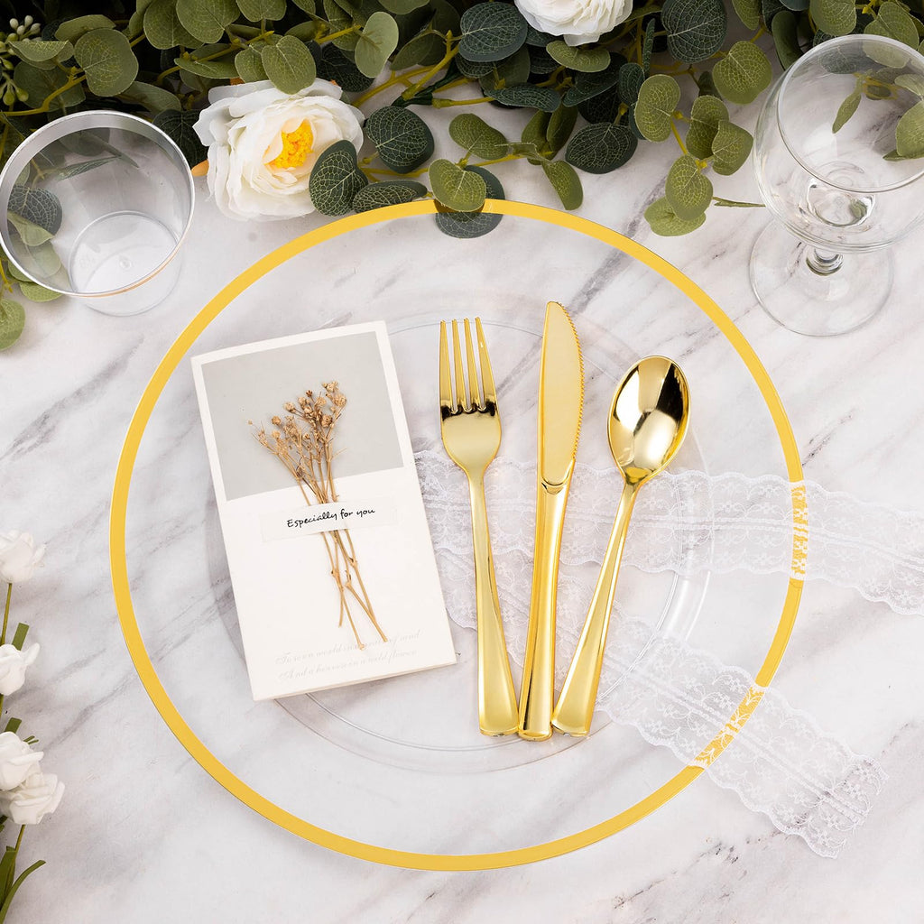 100 Pack 12 Inch Clear Charger Plates with Gold Rim