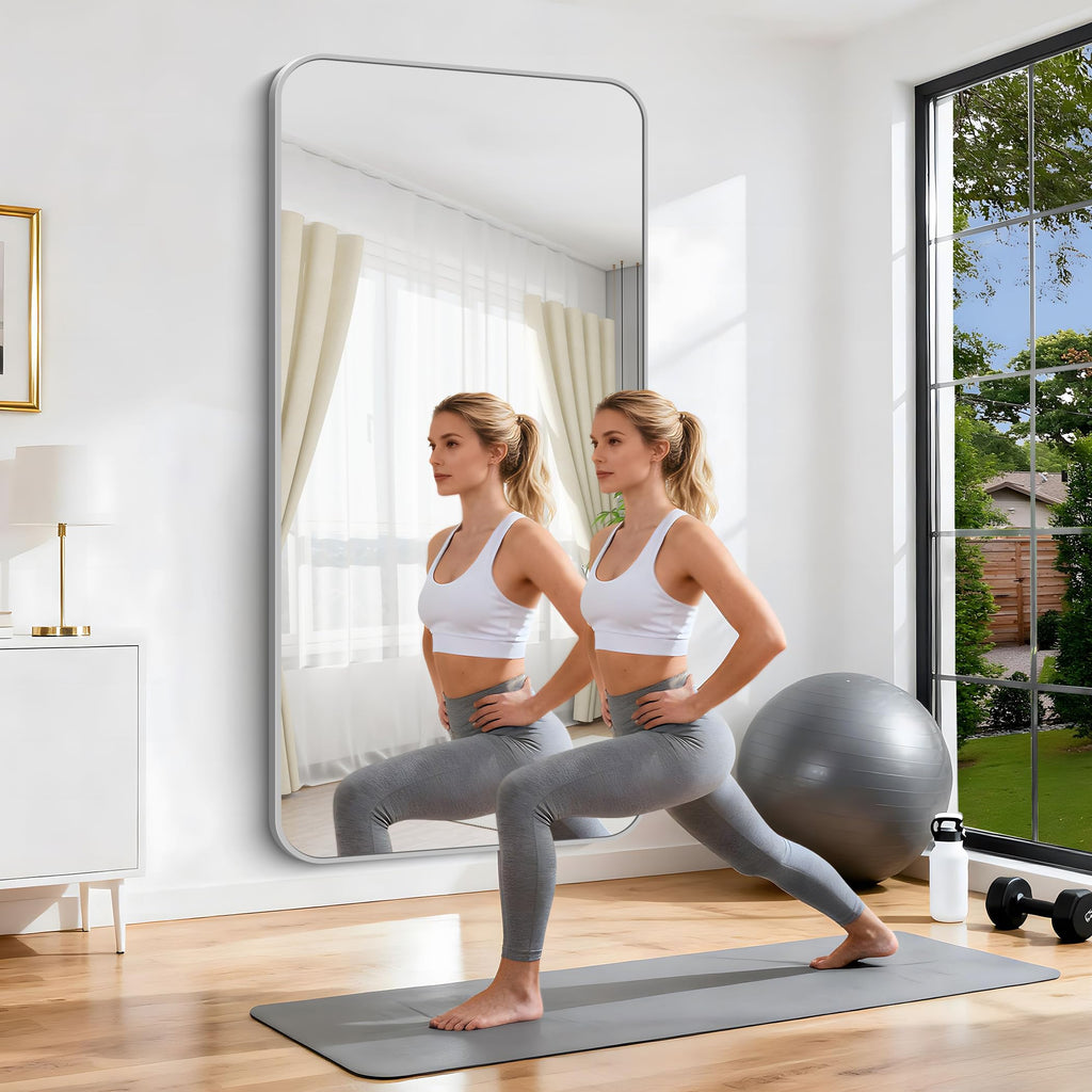 Silver Bathroom Mirror, 72 x 36 Inch Large Rectangle Mirror, Rectangular Vanity Mirror Aluminum Metal Frame, Rounded