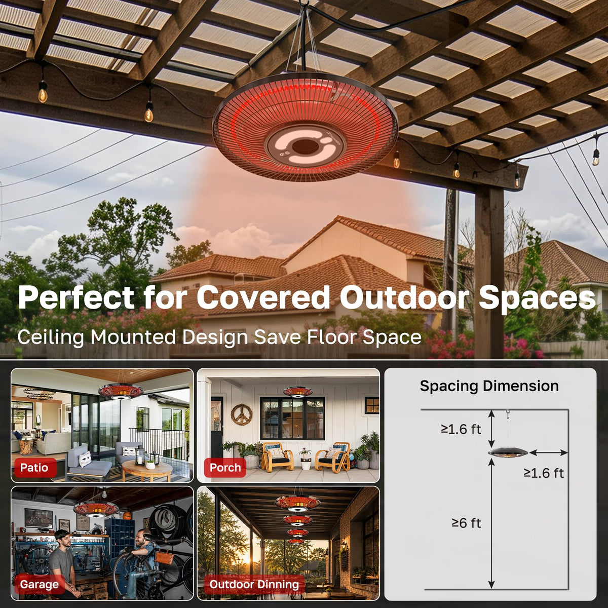 Electric Patio Heater Outdoor, 1500W Infrared Hanging Heater Ceiling Mounted with Chain, IP65 Waterproof Outdoor