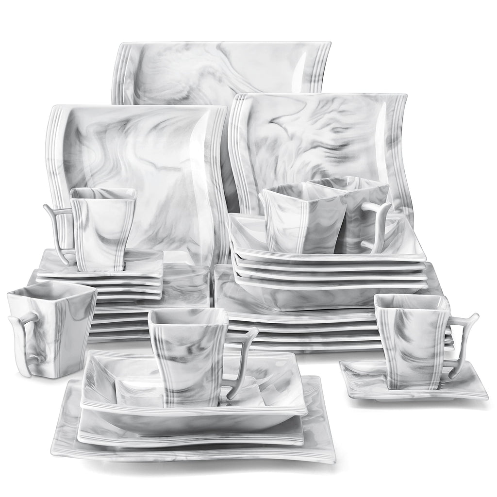 Plates and Bowls Sets, 30 Piece Porcelain Dinnerware Sets for 6, Square Dinnerware Set with Dinner Plate, Dessert
