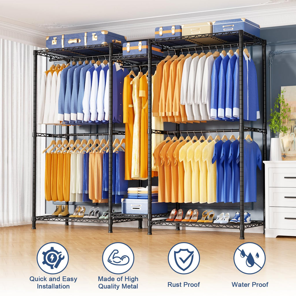 E12 Pro Clothes Rack,Heavy Duty Freestanding Garment Rack with Shelves,Metal Clothing Closet Storage System for