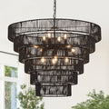 31.49" Large Black Rattan Chandelier, 12-Light Wicker Light Fixture