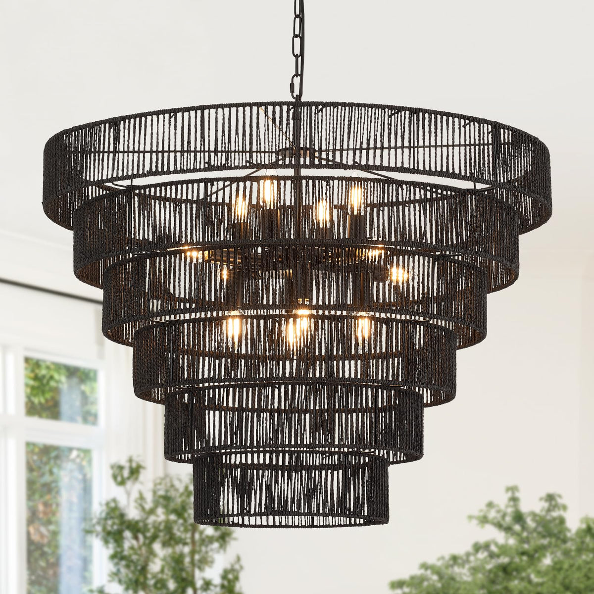 31.49" Large Black Rattan Chandelier, 12-Light Wicker Light Fixture