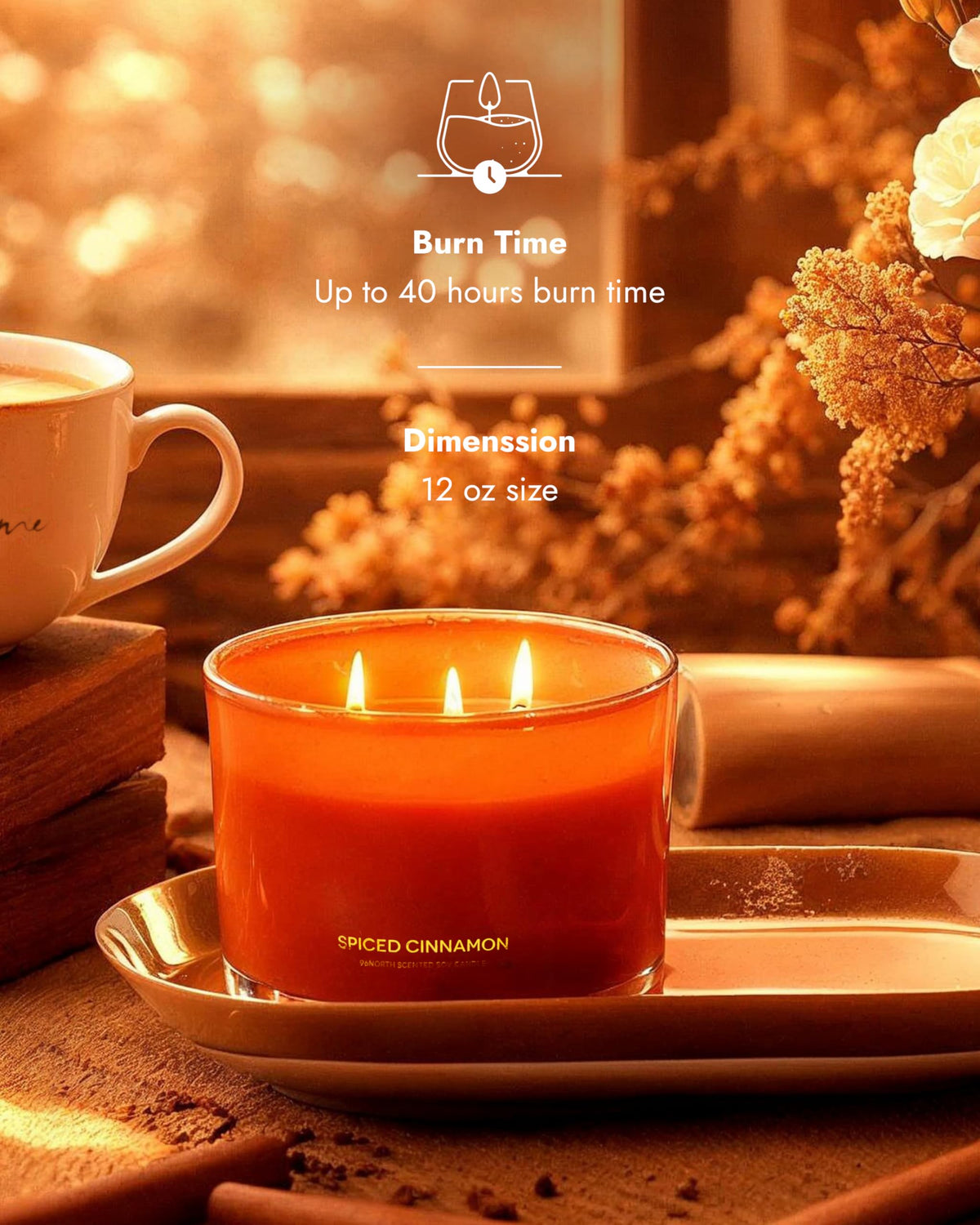 Luxury Spiced Cinnamon Candle | Large 3 Wick Jar Candle | Up to 40 Hours Burning Time | 100% Natural Soy Wax