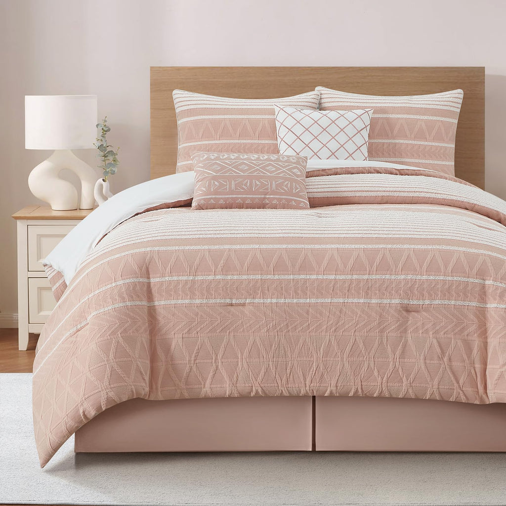 Comforter Set, Gorgeous Geometric Jacquard, Blush Soft Lightweight Bedding Set for All Seasons, Bedskirt, Pillow