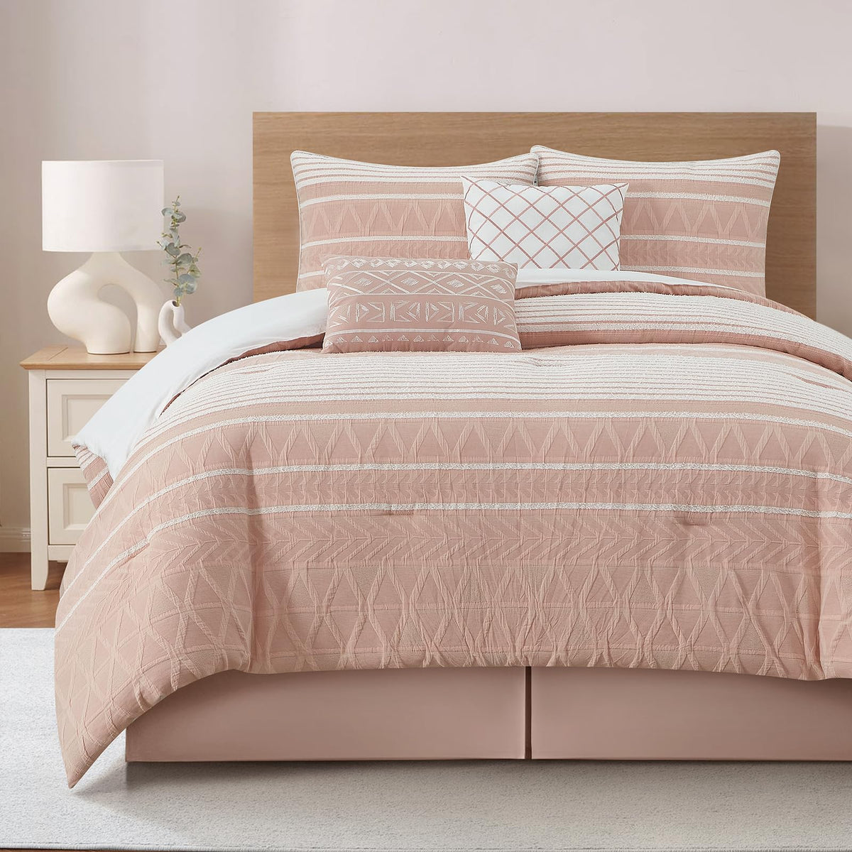 Comforter Set, Gorgeous Geometric Jacquard, Blush Soft Lightweight Bedding Set for All Seasons, Bedskirt, Pillow