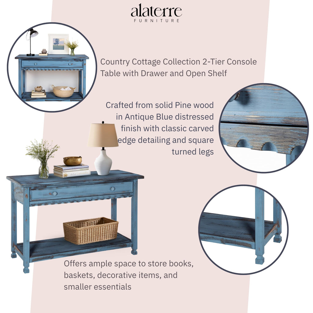 Country Cottage Console Table, Blue Antique, 42 Inch