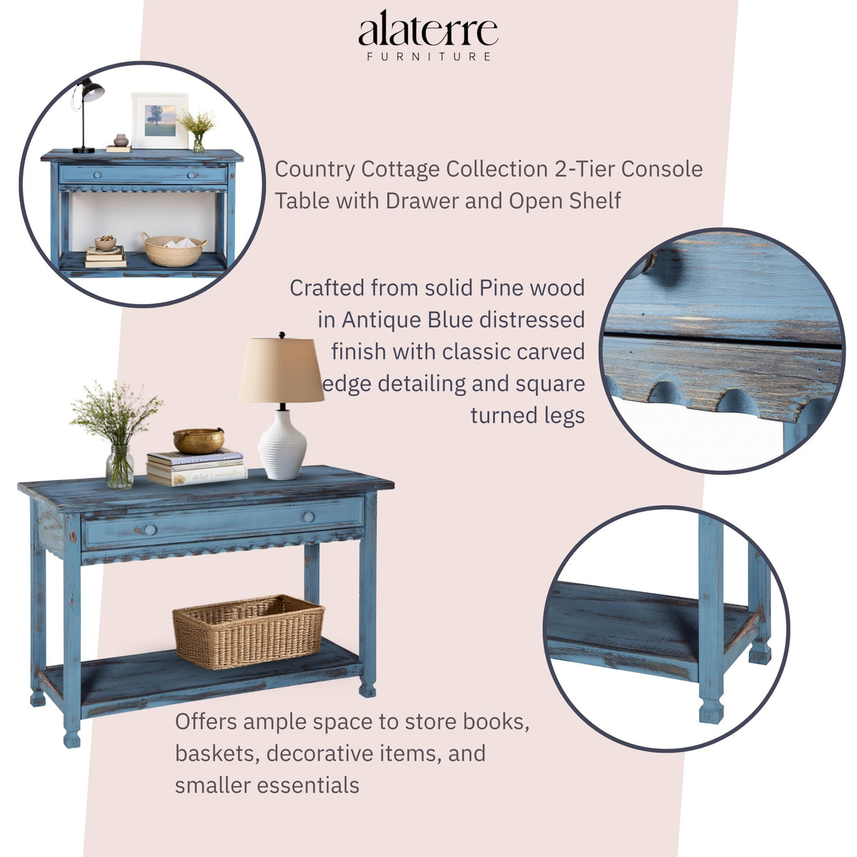 Country Cottage Console Table, Blue Antique, 42 Inch
